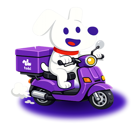 Mascota Tobipets en scooter de delivery